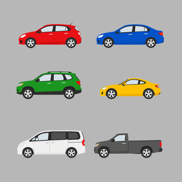 A modern set of six 2D flat vector car illustrations featuring different vehicle types in vibrant colors. Designed with clean shapes and minimal details, perfect for transportation, UI icons, and grap