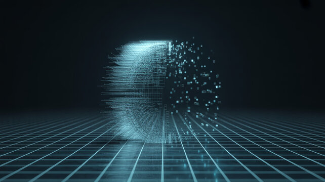 Digital cube with binary code particles on a grid background, digital