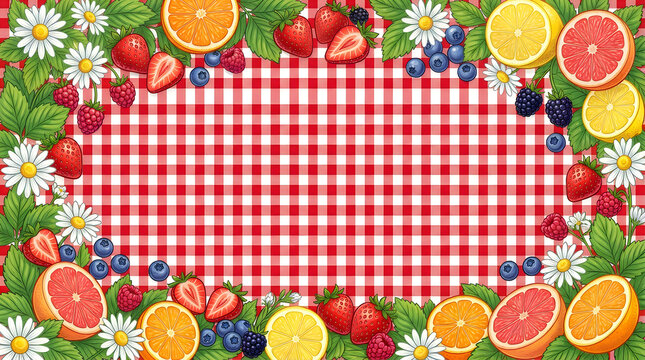 A charming summer picnic blanket with a border of fresh fruits and flowers, perfect for outdoor gatherings and vibrant celebrations