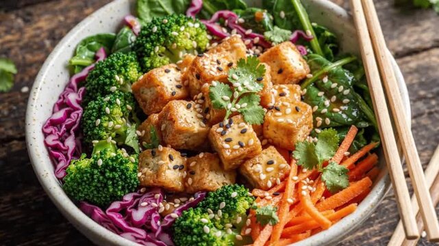 Plant-based healthy bowl with tofu and vegetables, top view aesthetic