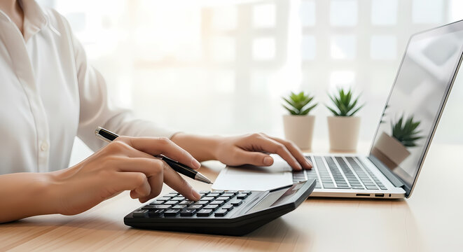 A diligent woman is meticulously using a calculator and laptop, managing finances and reviewing important documents.