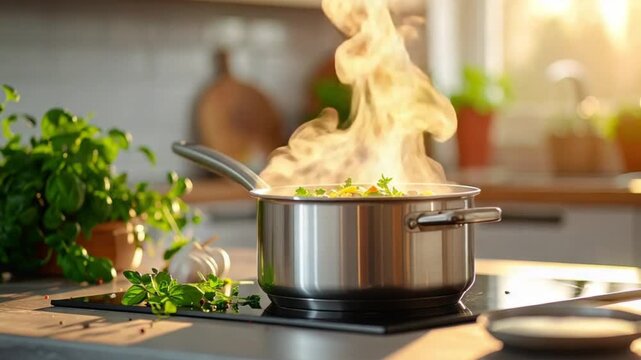 Steaming pot of fresh vegetables cooking on an induction hob in a bright kitchen