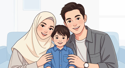 Obraz premium Happy Muslim Family Portrait - Parents and Son Smiling Together.