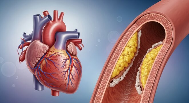 Detailed illustration of human heart and clogged artery