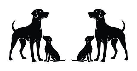 Black Silhouette Dog Family Vector, Two Adult Dogs and Two Puppies, Canine Companionship, Pet Love, Simple Clean Design © Carter