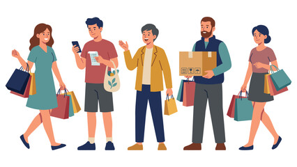 Fototapeta premium Diverse group of happy people enjoying shopping, carrying bags and packages.