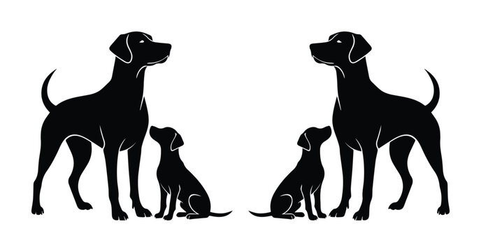 Black Silhouette Dog Family Vector, Two Adult Dogs and Two Puppies, Canine Companionship, Pet Love, Simple Clean Design