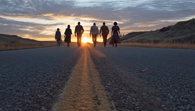 Silhouettes of six people walking single file down a desolate road towards a vibrant sunset with clouds and sun rays