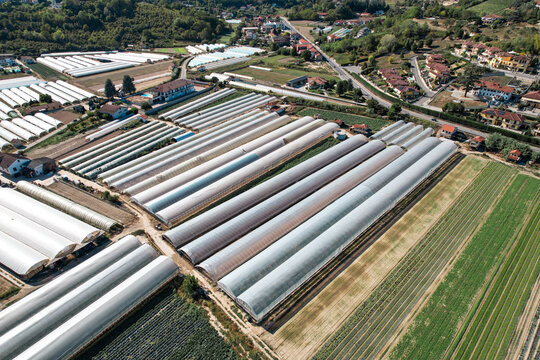 Aerial view of greenhouses and cultivated agricultural fields under a bright sun Bra, Piedmont, Italy.