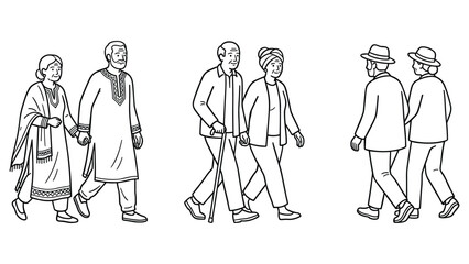 Obraz premium Elderly couples walking together diverse senior people from different cultures holding hands walking.