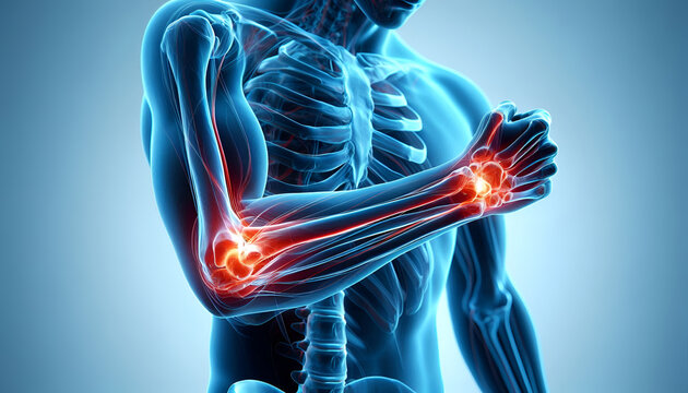 3D anatomy illustration highlighting the elbow joint in human arm anatomy