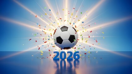 Soccer ball with confetti and 2026 text on blue background