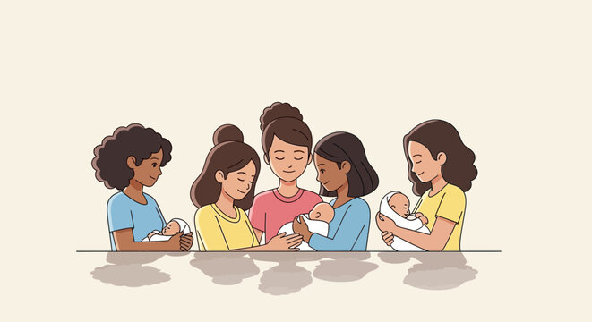 Diverse group of women breastfeeding babies together.