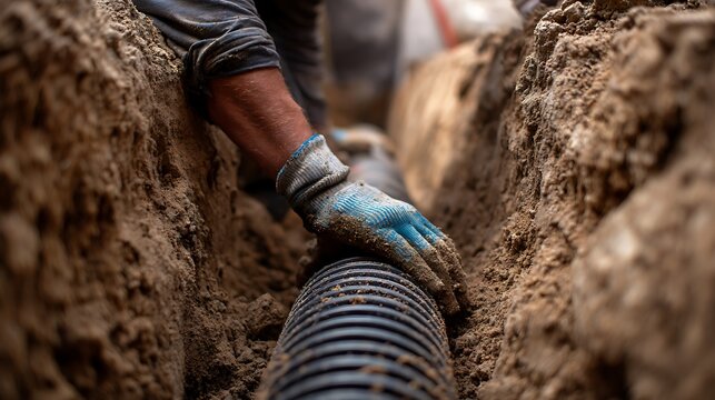 Construction worker wearing protective gloves carefully positions a corrugated drainage pipe within a freshly dug trench filled with soil