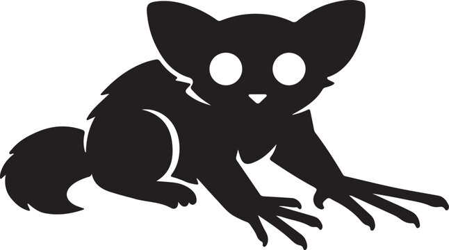 Galago or bushbaby silhouette with large eyes, nocturnal African mammal vector.