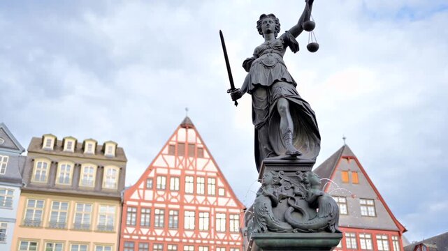 Lady justice statue with half-timbered houses on background in roemerberg square frankfurt main germany.