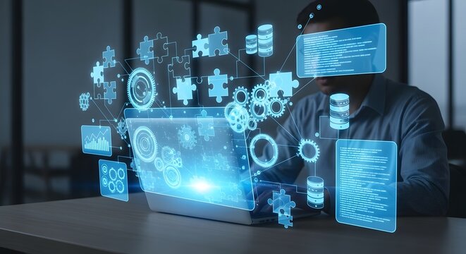 Software integration dashboard with code and puzzle workflow