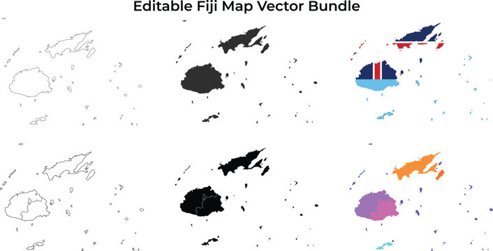 Fiji islands map outlines, silhouettes, and flag colors