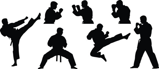 Martial arts silhouettes collection featuring karate fighters performing kicks, punches, and combat stances, dynamic action sports vector illustration set © Na Alo