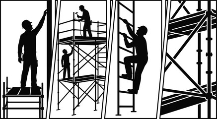 Black and white silhouette illustration of construction workers using scaffolding and ladders for safe building site operations. © MdAbdur