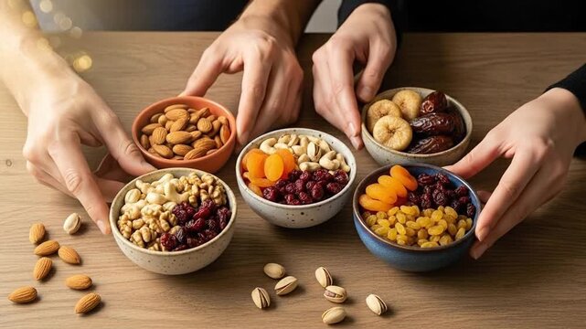 Overhead shot featuring a variety of dried fruits and nuts in bowls on a wooden table perfect for