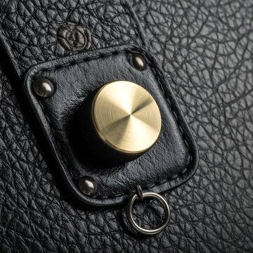 Close-up of a textured black leather surface. Features a decorative, golden-toned button and a small metal ring. Details are meticulously presented