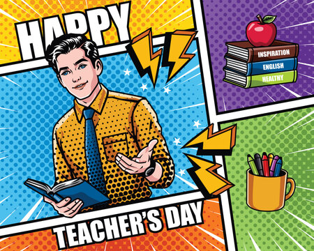 Happy Teachers Day Greeting Card Pop Art Illustration with Male Teacher