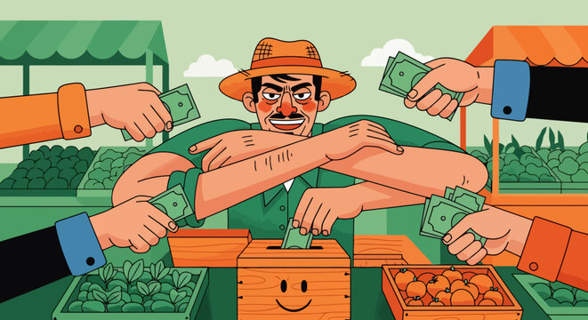 Greedy Farmer Collecting Money From Customers At Market Stall.