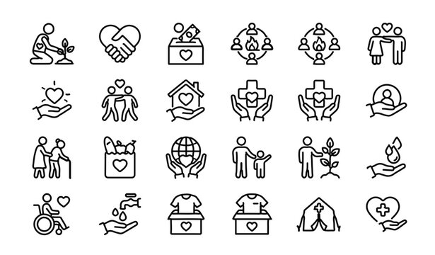 Community support and charity icons representing volunteering donation social work and humanitarian aid