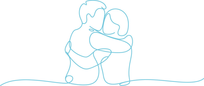 Continuous line drawing of a couple embracing in a romantic gesture
