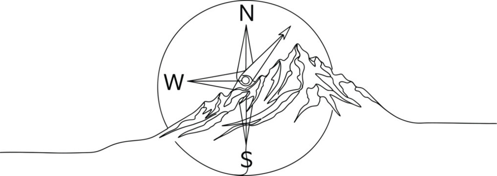 Continuous line drawing of a compass icon integrated with majestic mountain peaks representing the concept of adventure travel discovery navigation exploration and finding your true north path