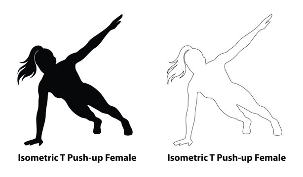 Female athlete performing isometric T push up exercise silhouette and outline vector illustration for fitness workout and strength training guide