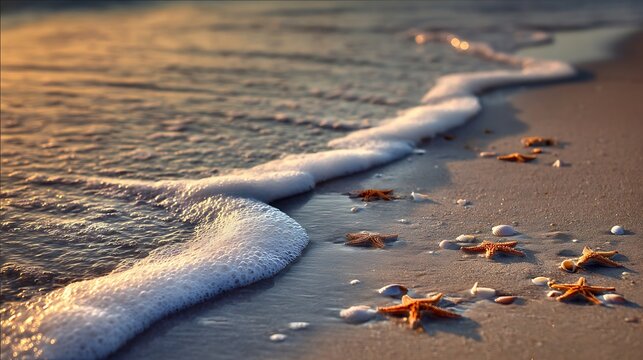 Gentle ocean wave washes ashore on a sandy beach scattered with numerous small starfish and shells during golden hour