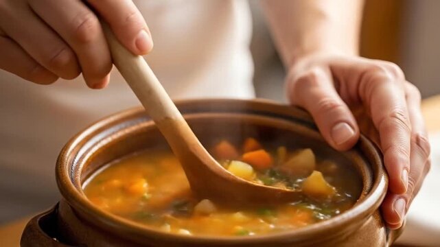 Captivating Close-Up: Cooking and Stirring a Delicious Homemade Vegetable Soup with Wooden Spoon