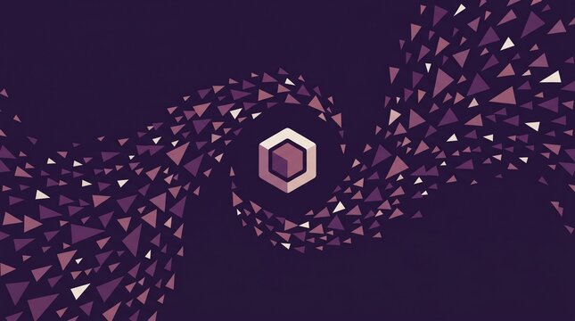 Minimalist flat vector conceptual illustration of a central geometric block with swirling paths of purple and white triangles.