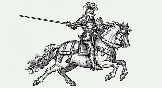 medieval knight on horseback in battle armor line art illustration for historical themes