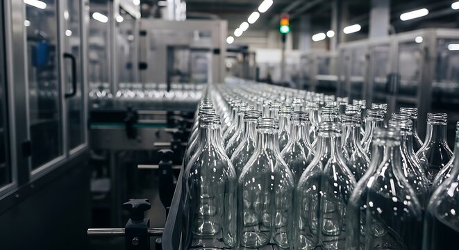 bottling plant production line with rows of empty glass bottles on a conveyor belt high-quality professional detailed modern