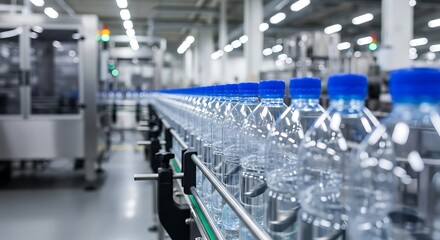 Obraz premium bottled water production line in a modern factory with stainless steel machinery high-quality professional detailed elegant stylish clean