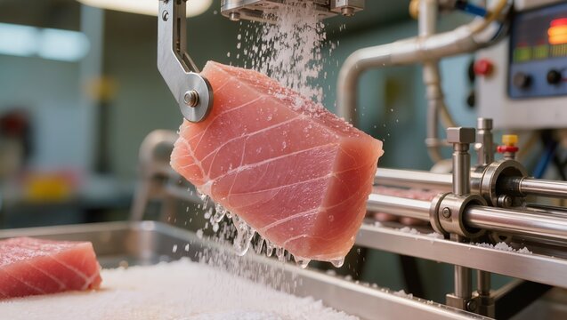 Robotic arm salting fresh tuna fillet on an automated conveyor line at a fish processing plant. Concept of industrial food manufacturing, seafood production, and factory automation