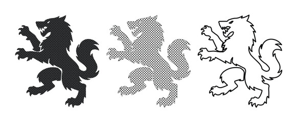 Heraldic wolf rampant silhouettes, medieval predator coat of arms icons, set of 3 black and grey wolf vectors for crest design and branding © Carter