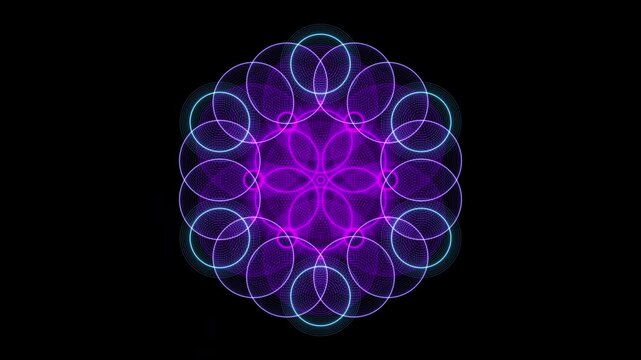 Premium 4K seamless loop of Vishuddha Throat Chakra Flower of Life sacred geometry rippling with hypnotic moir&eacute; phase-shifts in a cinematic void. Ideal for VJ sets, trance visuals, meditation, yoga