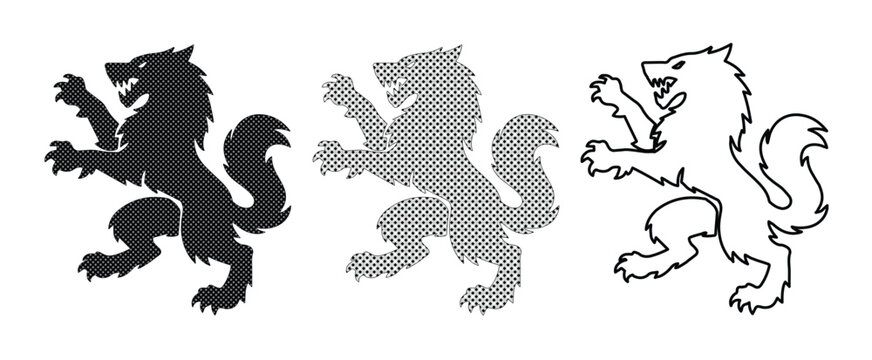 Heraldic wolf rampant silhouettes, medieval predator coat of arms icons, set of 3 black and grey wolf vectors for crest design and branding