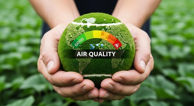 Hands holding green earth with air quality gauge on surface