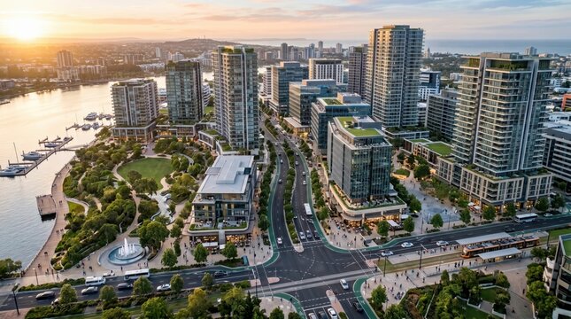 Modern Sustainable Waterfront City: Aerial Sunset over Urban Paradise