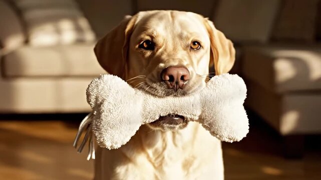 Close-up portrait of a yellow Labrador Retriever dog sitting in a sunlit living room, looking directly at the camera while holding a large white plush bone toy in its mouth.