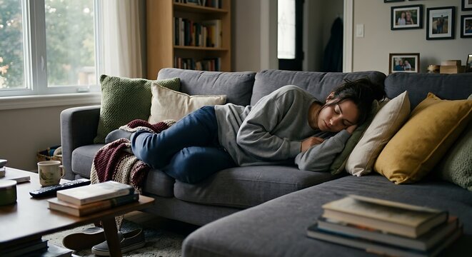 Young woman resting peacefully on a comfortable sofa at home, enjoying a moment of relaxation and quiet downtime