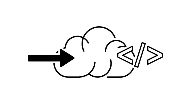 Black and white illustration of a cloud with an arrow pointing to code symbols on a plain background.