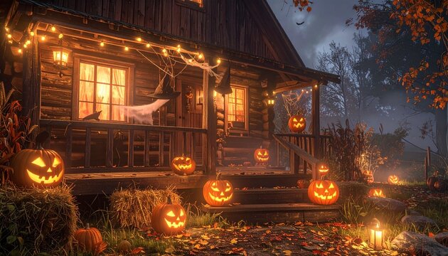 Warmly lit wooden cabin in dark pine forest decorated for Halloween with glowing jack-o-lanterns, string lights, spider webs, hay bales and autumn leaves.