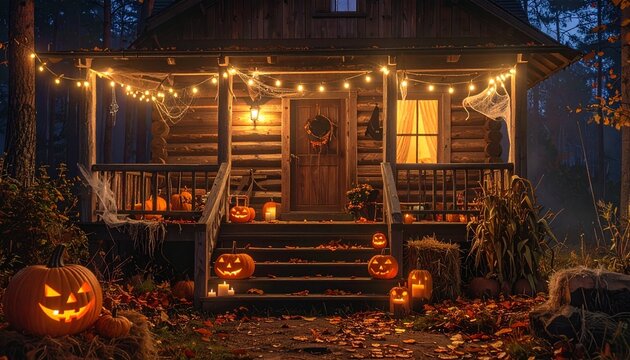 Warmly lit wooden cabin in dark pine forest decorated for Halloween with glowing jack-o-lanterns, string lights, spider webs, hay bales and autumn leaves.