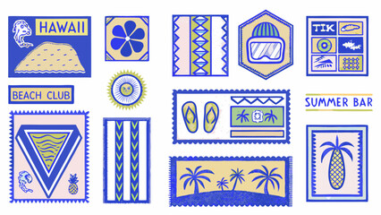 Collection of colorful retro style postage stamps with tropical and beach themed illustrations on a white background © Bikas